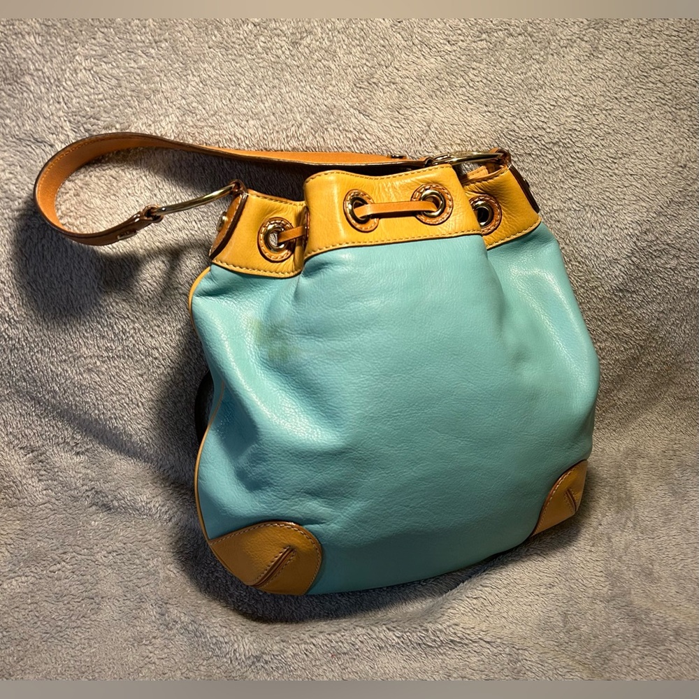 Michael Kors Griffin Drawstring Hobo Turquoise & Tan Leather - Picture 5 of 10